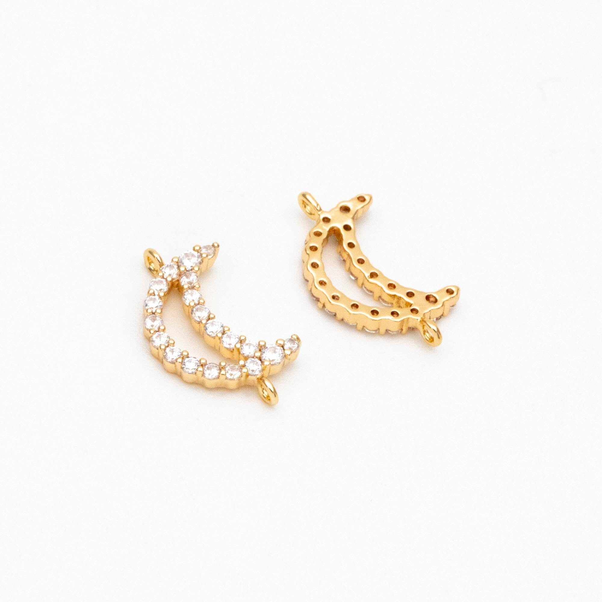 10pcs Gold Plated Moon Connectors: CZ Pave Moon Charms 14x8mm (GB-618-E)